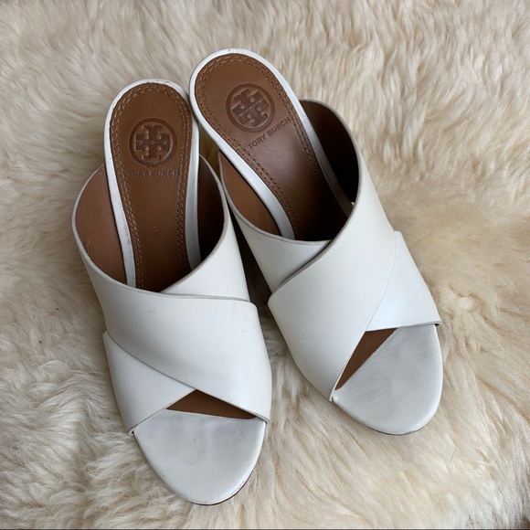 Tory Burch Leather Perspex Wedge Mules Cube Leather Crossover Wedge Sandals - Picture 4 of 16